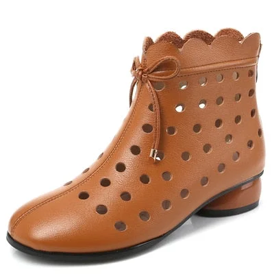 GKTINOO 2022 Summer Ankle Boots Genuine Leather Shoes Women Med High Heel Back Zipper Boots Cutout breathable Mujer Zapatos