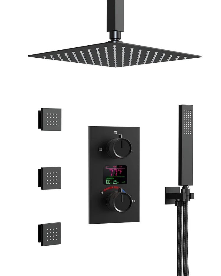 SFS-1015-BK12-1 Thermostatic Rainfall Shower System with 3 Body Jets, LCD Display, and Extra 3 Side Sprays