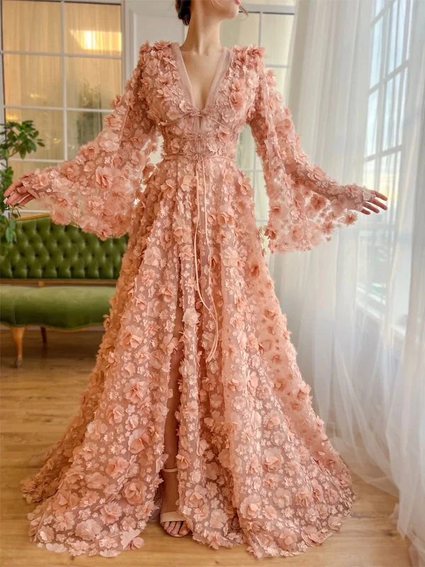 V-Neck Three-Dimensional Flower Tie Maxi Dress