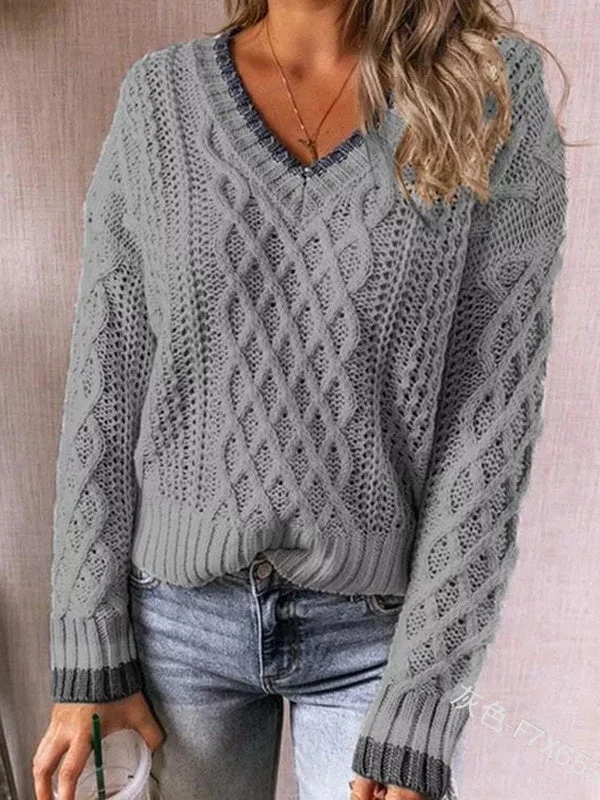 Women Long Sleeve V-neck knit Hollow Sweaters