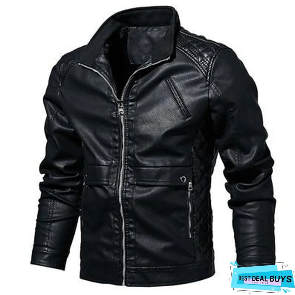 Mens Leather Jacket Fashion Vintage Leather Plus Size Stand Collar Coat