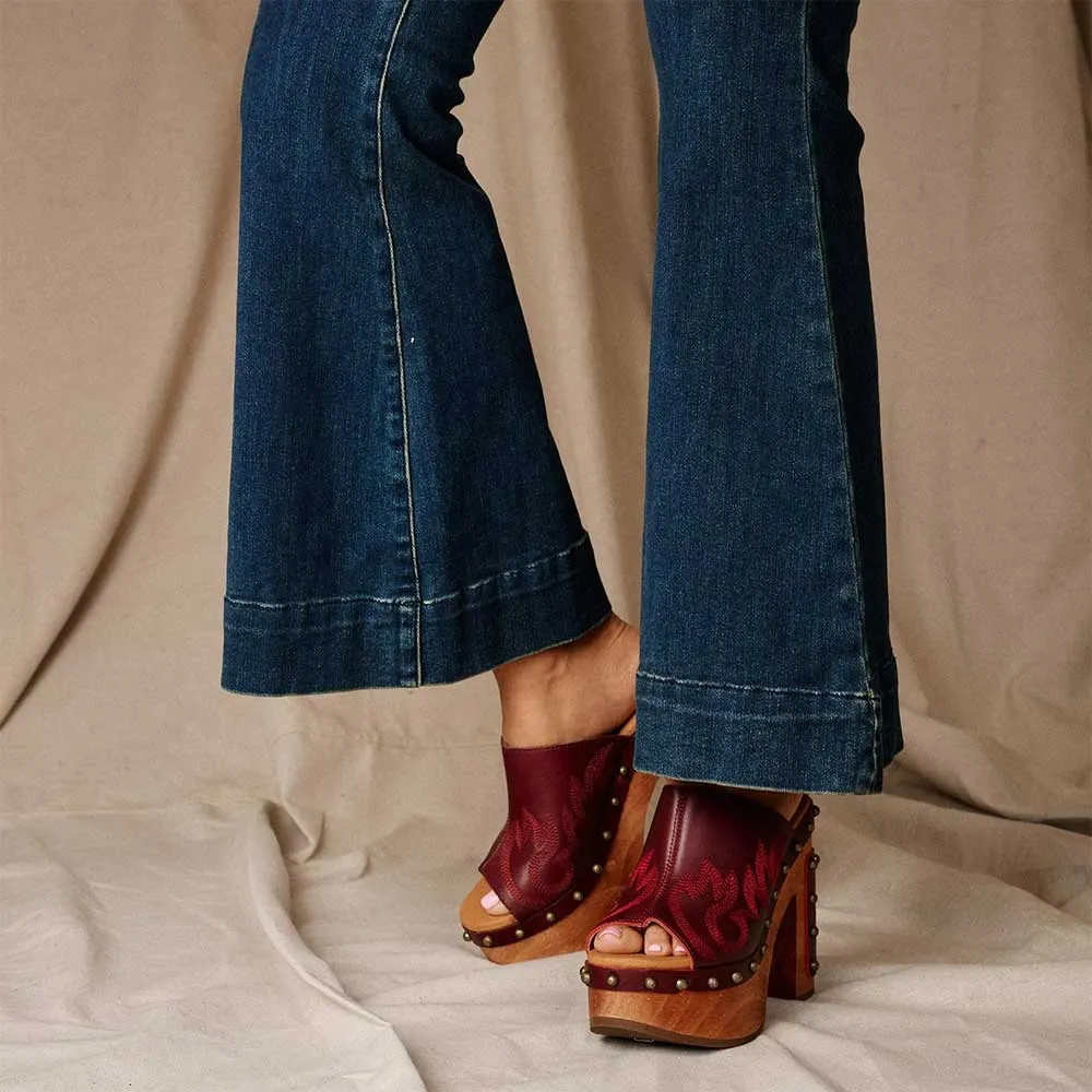 Maroon Chunky Heel Platform Embroidered Mules for Women with Studded