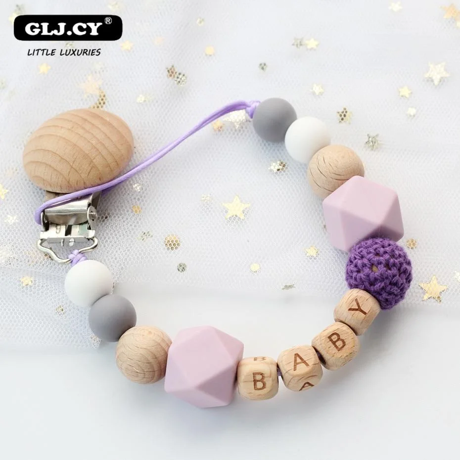 Personalized Name Handmade Silicone Baby Wooden Dummy Pacifier clip Safe Teething Chain Teether Pacifier  chains Holder Chain
