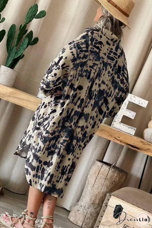 Apricot Splash Ink Print Long Sleeve Button Front Split Dress