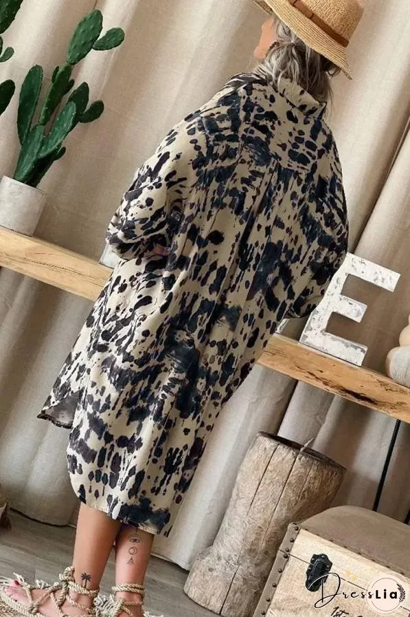 Apricot Splash Ink Print Long Sleeve Button Front Split Dress