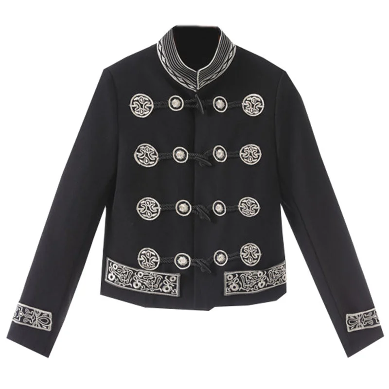 New autumn and winter handsome Navy style slim cardigan short embroidered button stand collar black coat looks thin