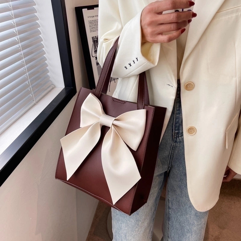 Women’s Medium Pu Leather Bow Knot Streetwear Square Magnetic Buckle Handbag