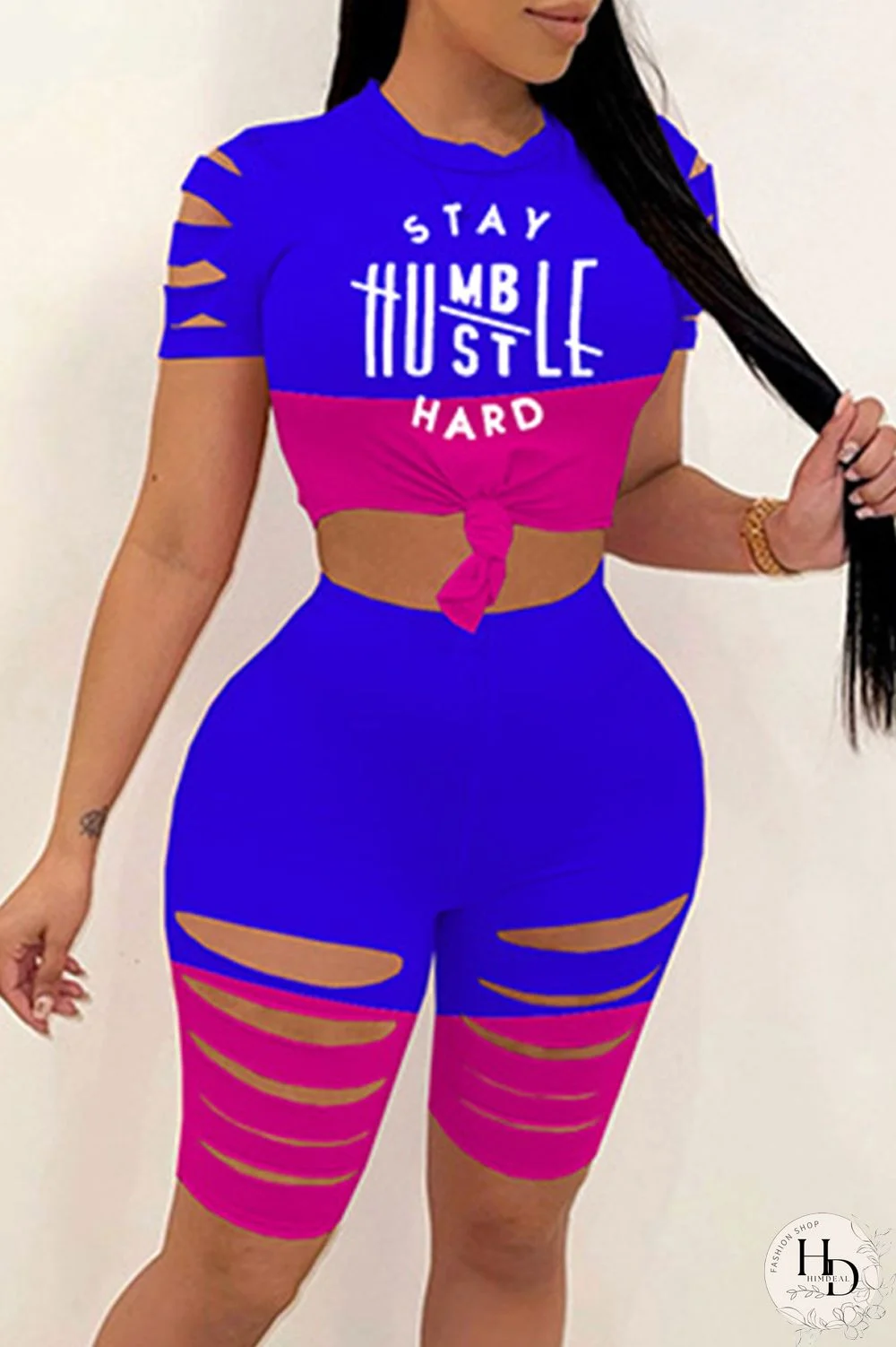 Peacock Blue Fashion Casual Letter Print Ripped Split Joint O Neck Short Sleeve Two Pieces