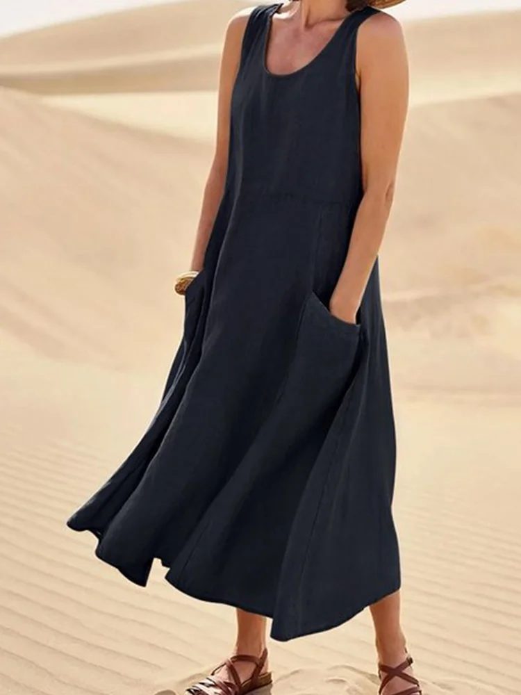 Linen Blend Summer Sleeveless Maxi Dress