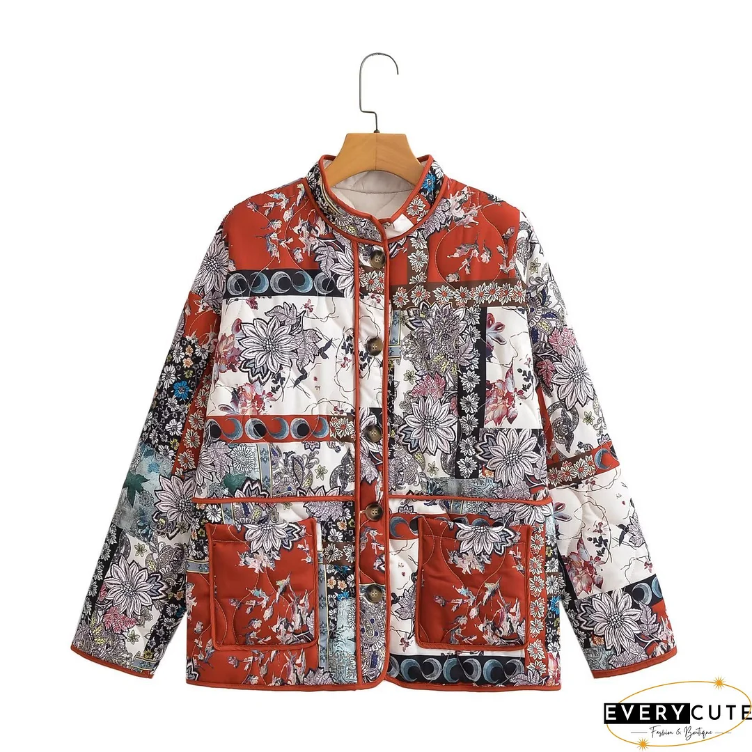 Sweet Print Floral Patchwork U Neck Outerwear
