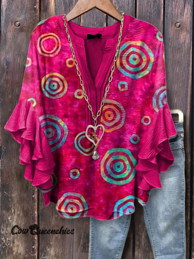 Women&rsquo;s Simple Circle Printed Ruffle Sleeve Top Pink / S