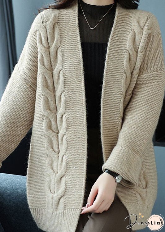 Loose Beige V Neck Patchwork Thick Wool Knit Cardigan Fall