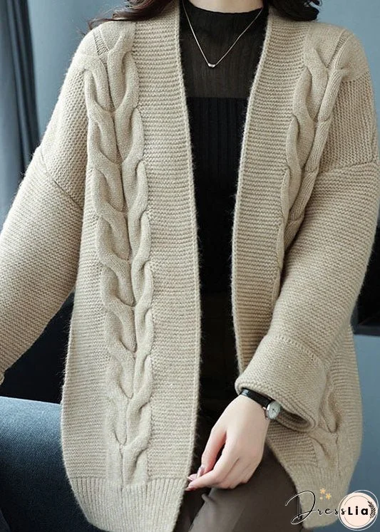 Loose Beige V Neck Patchwork Thick Wool Knit Cardigan Fall