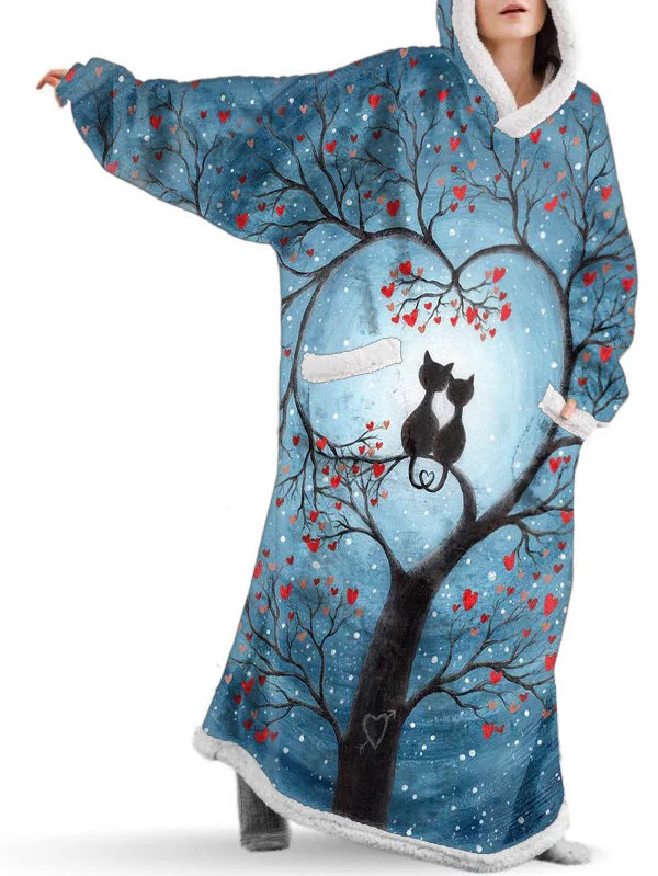 Retro Floral Cat Print Fleece Oversize Blanket Long Hooded Pajamas Hoodie