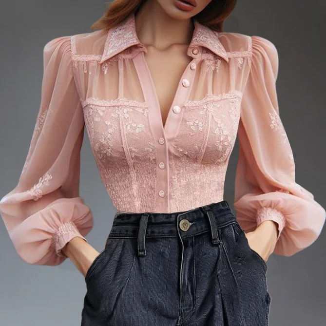 Elegant Lace Lantern Sleeve Shirt Collar Button Blouse