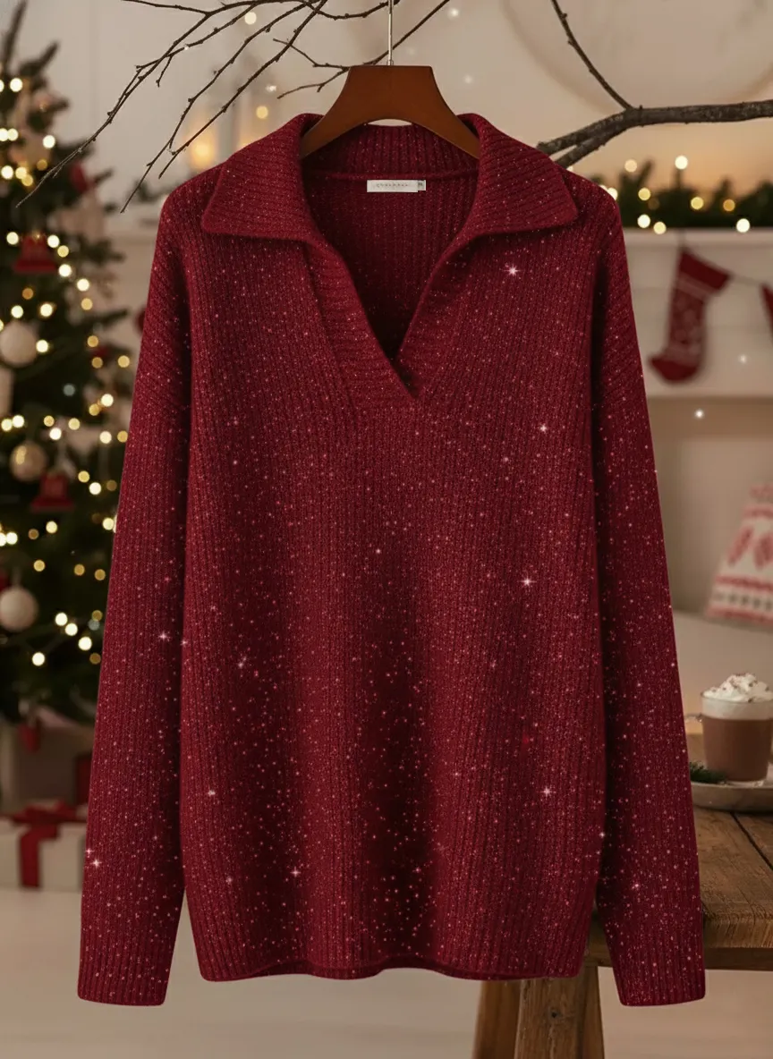 Christmas Party Polo Collar Shiny Loose Sweater Top-Red-Sweater