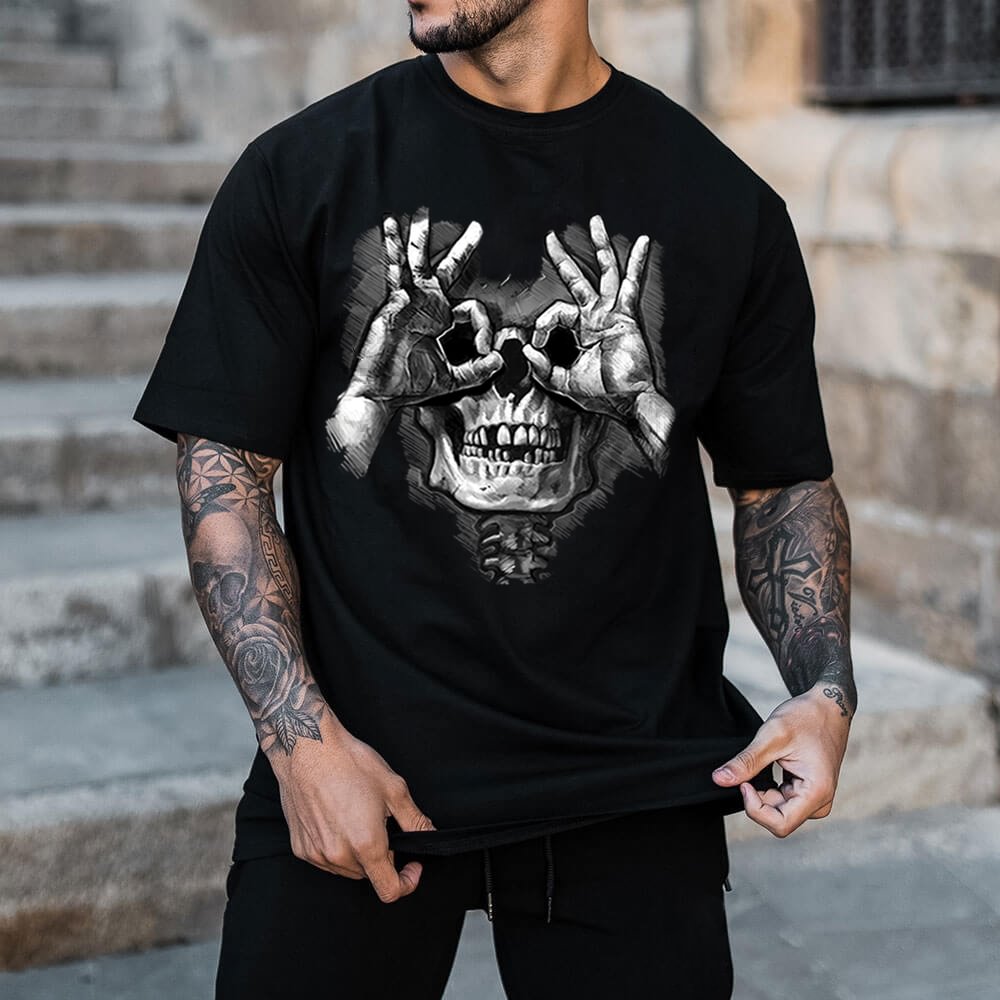 Men's Fashion Fun Skull Print Casual T-Shirt、、URBENIE