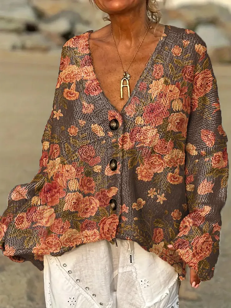 Women's Vintage Floral Art Print Casual Pullover Sweater