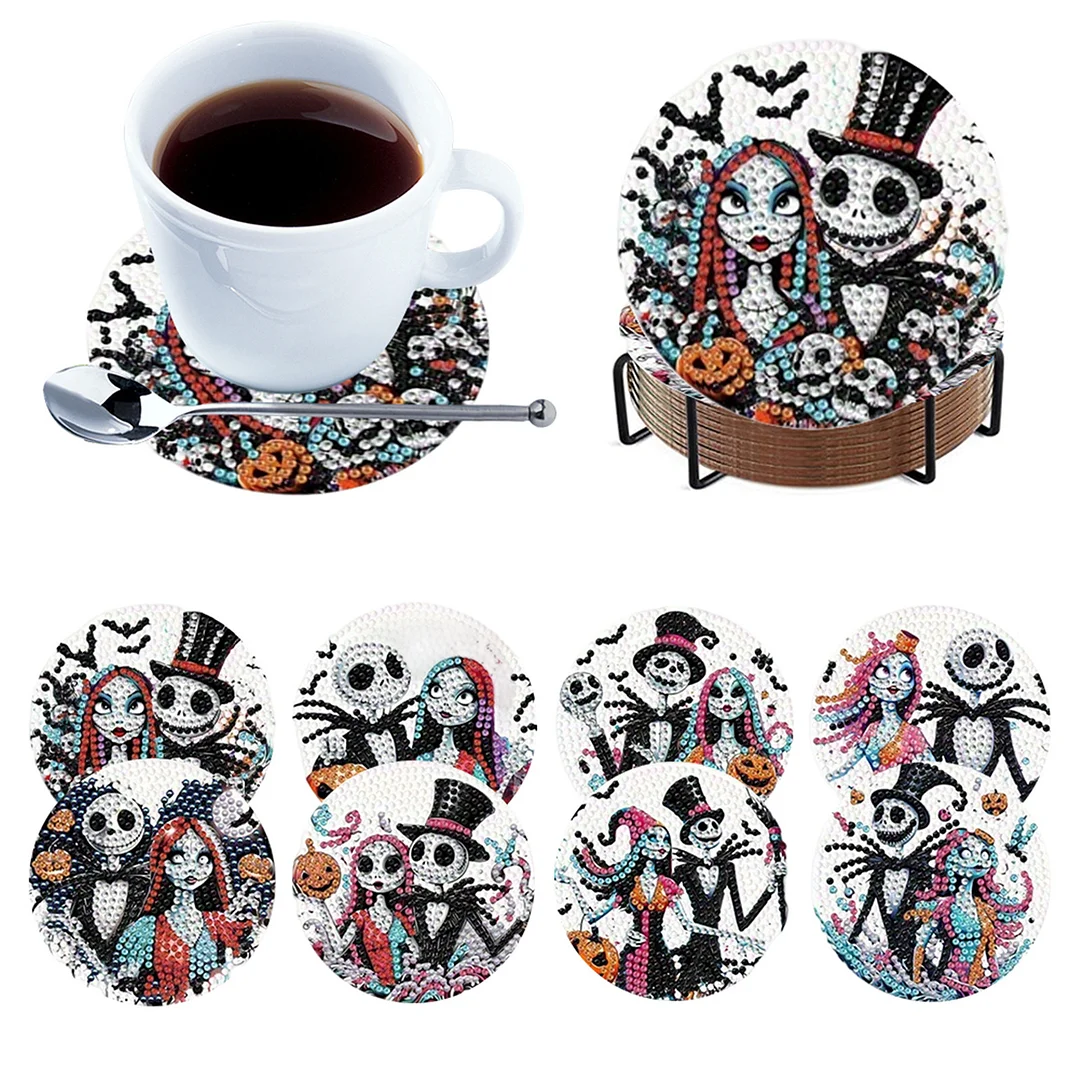 8pcs Cartoon DIY Diamond Painting Wooden Coasters Kits with Holder (Skeleton)
