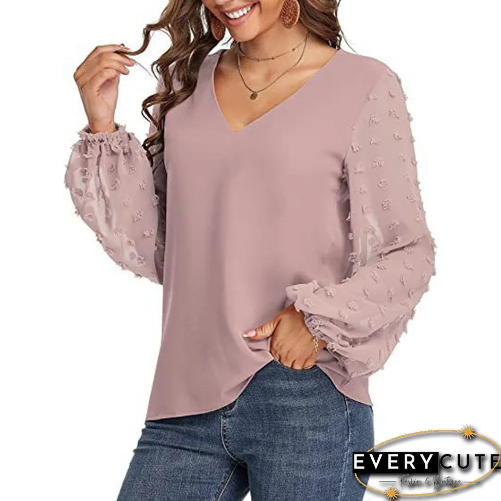 Purple Pink V Neck Splicing Swiss Dot Long Sleeve Blouse