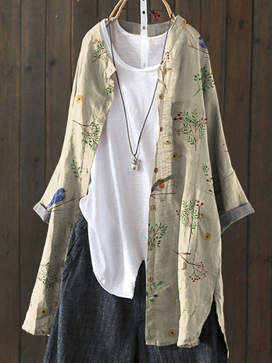 Boughs And Robin Birds Pattern Printed Women's Loose Casual Top Jacket