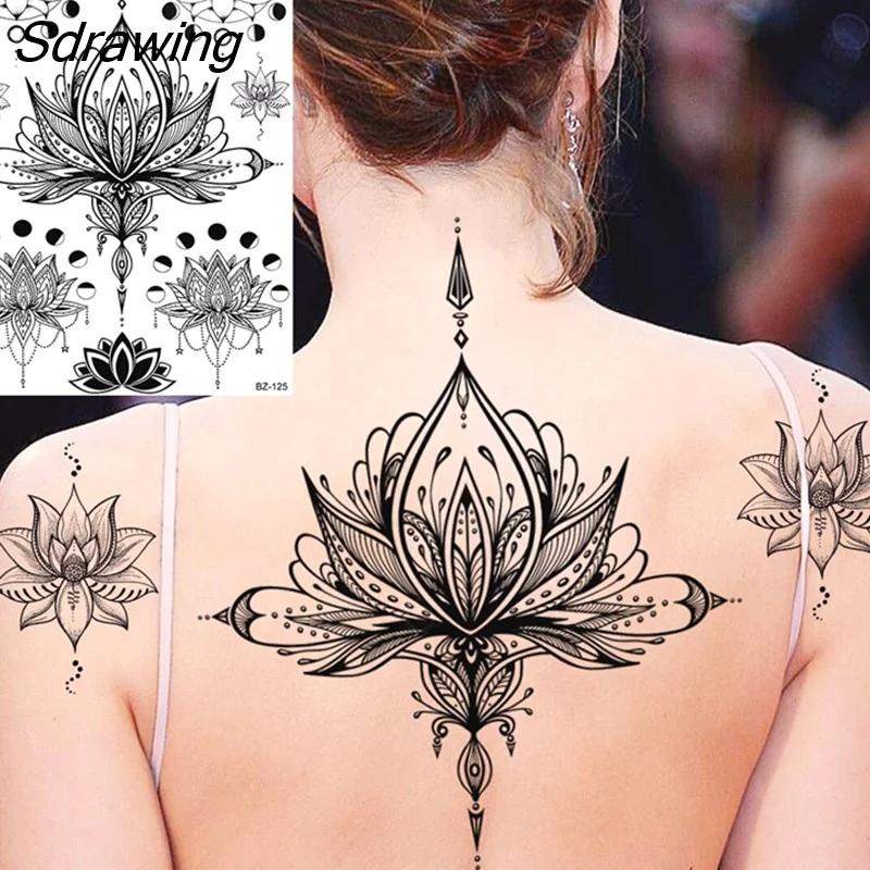 Sdrawing Henna Temporary Tattoos For Women Girls Feather Butterfly DreamCatcher Fake Gem Tattoo Sticker Chest Arm Tatoos Tribal 328-1