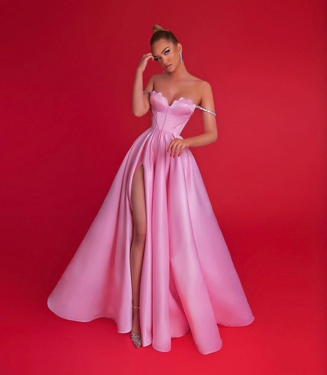 Daisda Elegant Pink A Line Split Sleeveless Party Prom Dress 