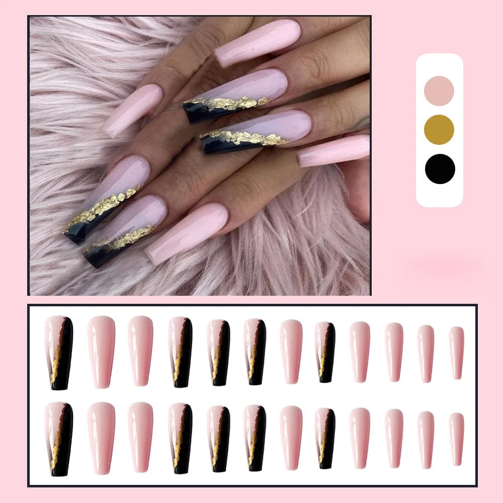 24Pcs Pink Extra Long Fake Nails With Gold Foil Paper Design French Ballerina False Nails Full Cover Nail Tips Press On Nails