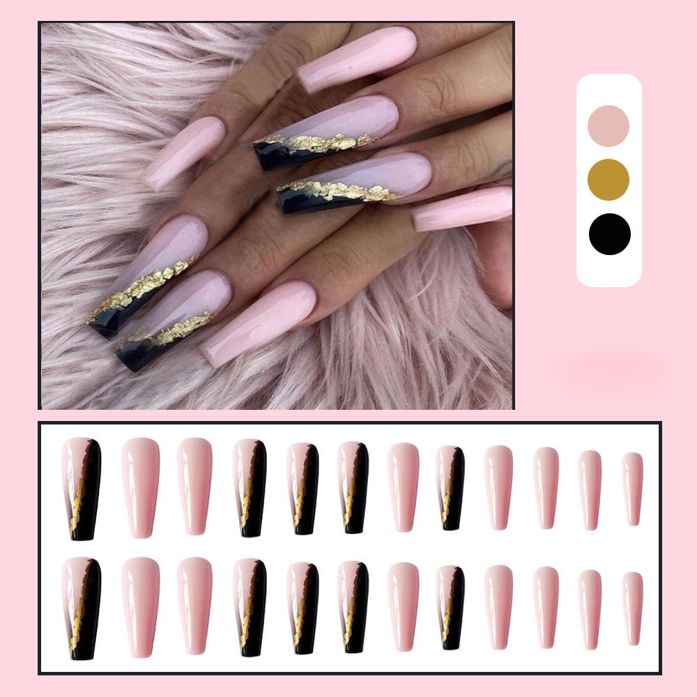 24Pcs Pink Extra Long Fake Nails With Gold Foil Paper Design French Ballerina False Nails Full Cover Nail Tips Press On Nails