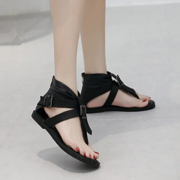 Yyvonne Shoes Summer 2025 New Retro Roman Shoes Belt Buckle Toe Flat Summer Shoes Women