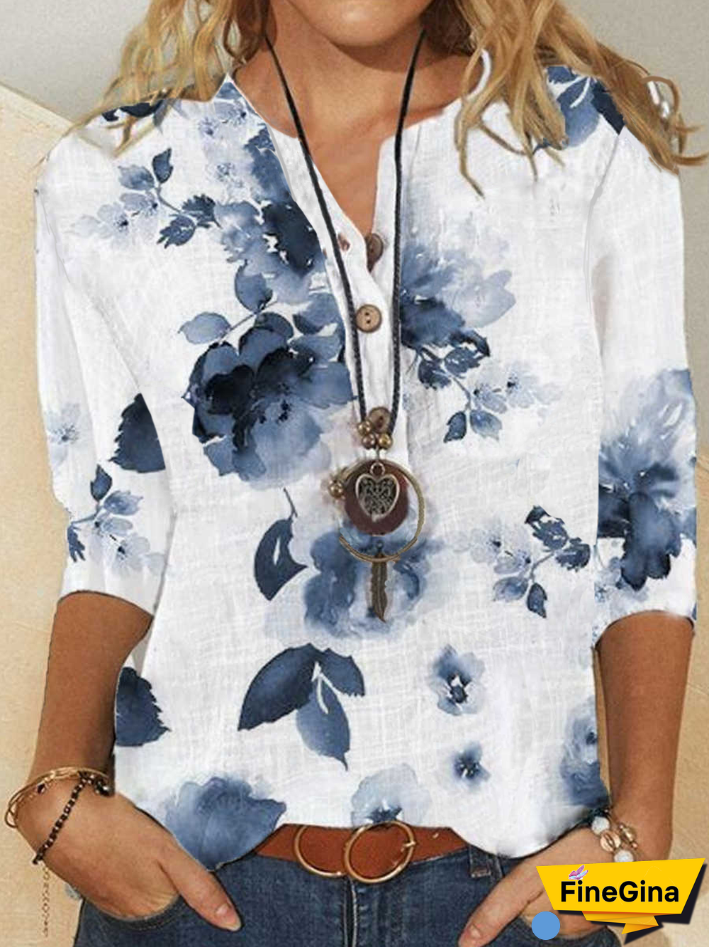 Henley Casual Mid Sleeve Blouse