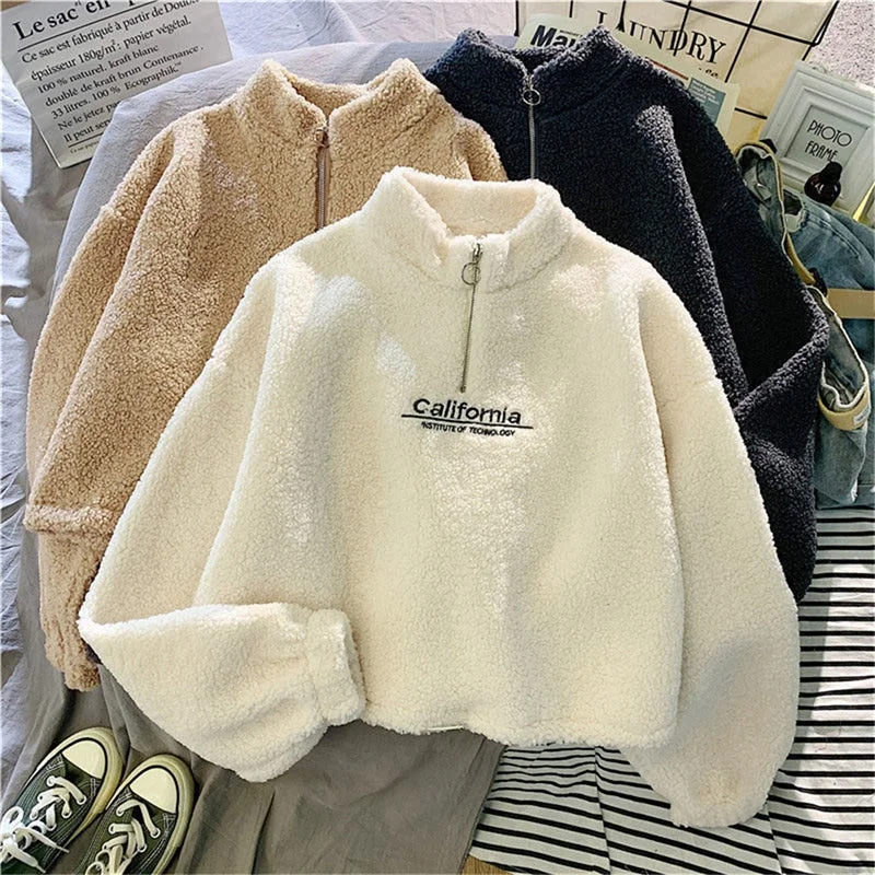 2022 Autumn Winter New Cashmere Sweatshirt Women's Fashion Plush Loose Letter Korean Short Jacket Kpop Sweatshirt