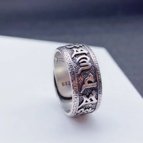 Sterling Silver Engraving Auspicious Clouds Six Character Truth Ring
