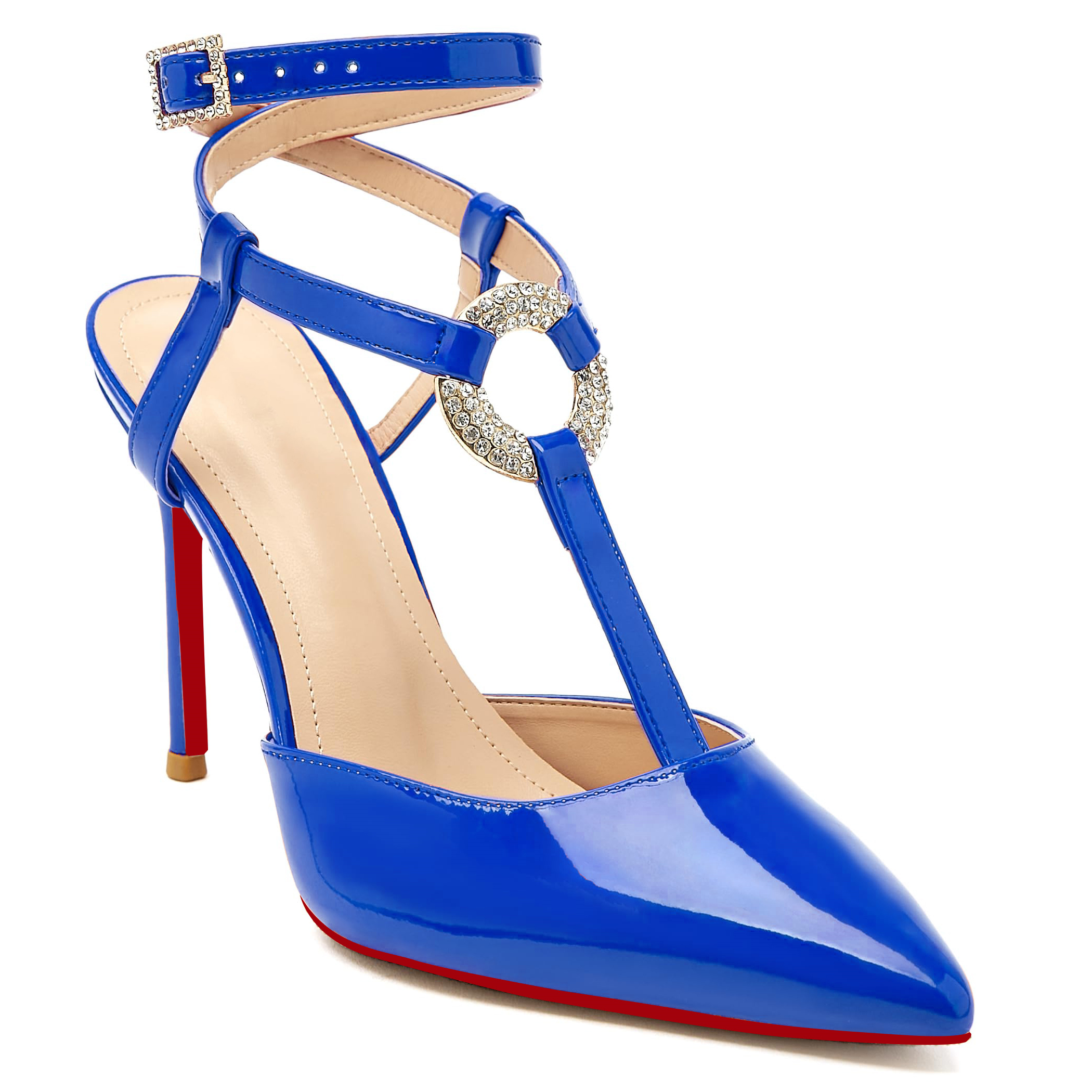 100mm Women Slingback Red Bottoms  Pumps Ankle Strap Jenlove Stiletto High Heel Diamond Close Pointed Toe Dress Patent Shoes-MERUMOTE