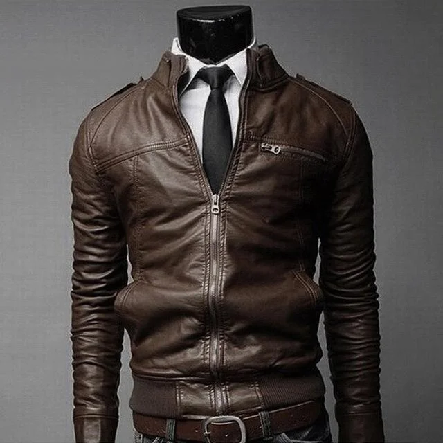 Fashion Men Vintage Motorcycle PU Leather Coats Stand Collar Long Sleeve Outwear Zipper Fitness Cool Jacket | EGEMISS