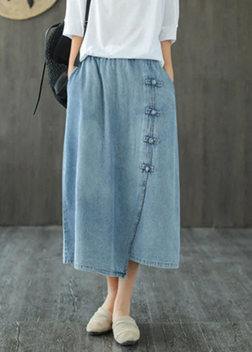 Italian Denim Blue Elastic Waist Asymmetrical Oriental Button Cotton Skirt Summer