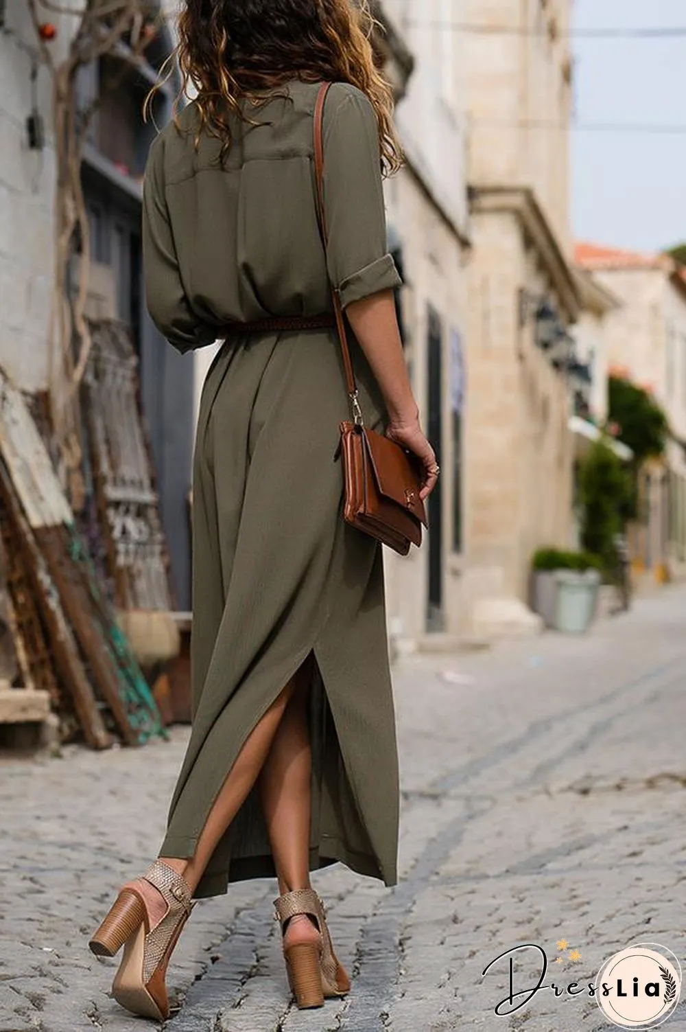 Three Quarter Sleeve Pocket Button Belted Shirt Dress