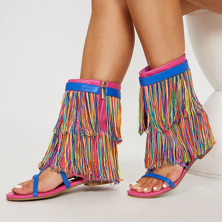 Multicolor Fringe Shoes Women'S Elegant Open Toe Zipper Sandal Fashion Flat Boots |FSJ Shoes