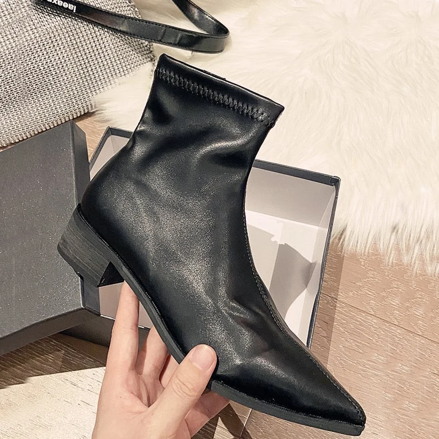 Lourdasprec Autumn Winter Leather Boots Med Chunky Chelsea Ankle Boot Women Fashion Pointed Toe Slip On Heels Shoes