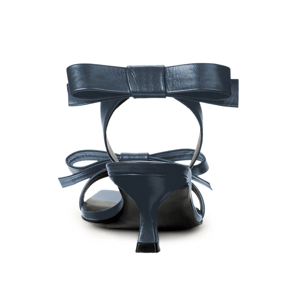 Navy Square Toe Bow Slip-On Women's Sandals with Kitten Heel