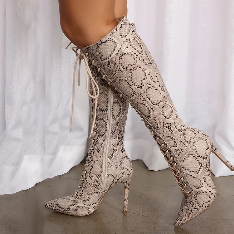 Elegant Grey Snakeskin Shoes Women's Pointed Stiletto Heel Knee Boots |FSJ Shoes