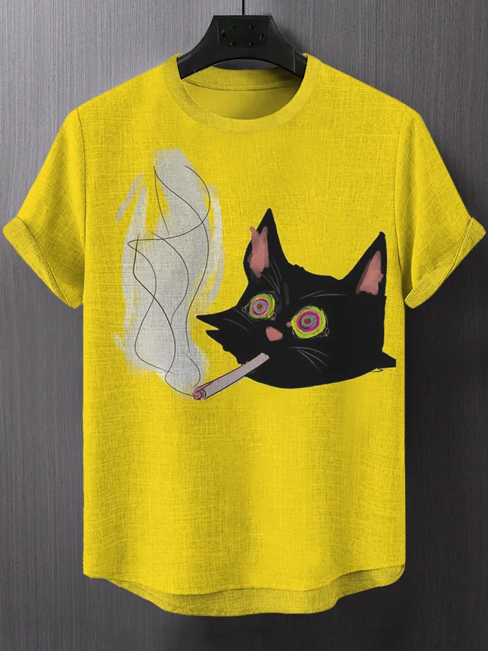 Men's Smoking Black Cat Graphic Print Casual T-Shirt