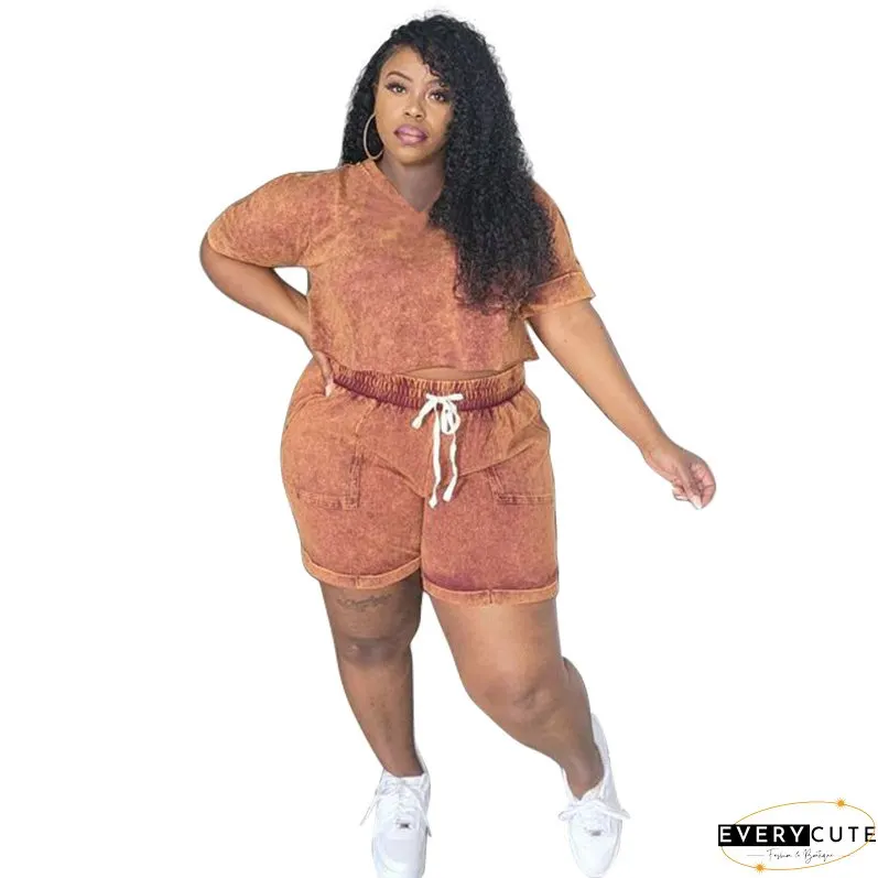 Plus Size Women Print Stretch Short Sleeve Top and Shorts Casual Two Piece Set