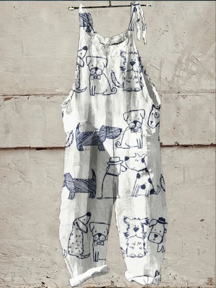 Women's   Dog  Art  Print Casual 100% Cotton Wide Leg Jumpsuit