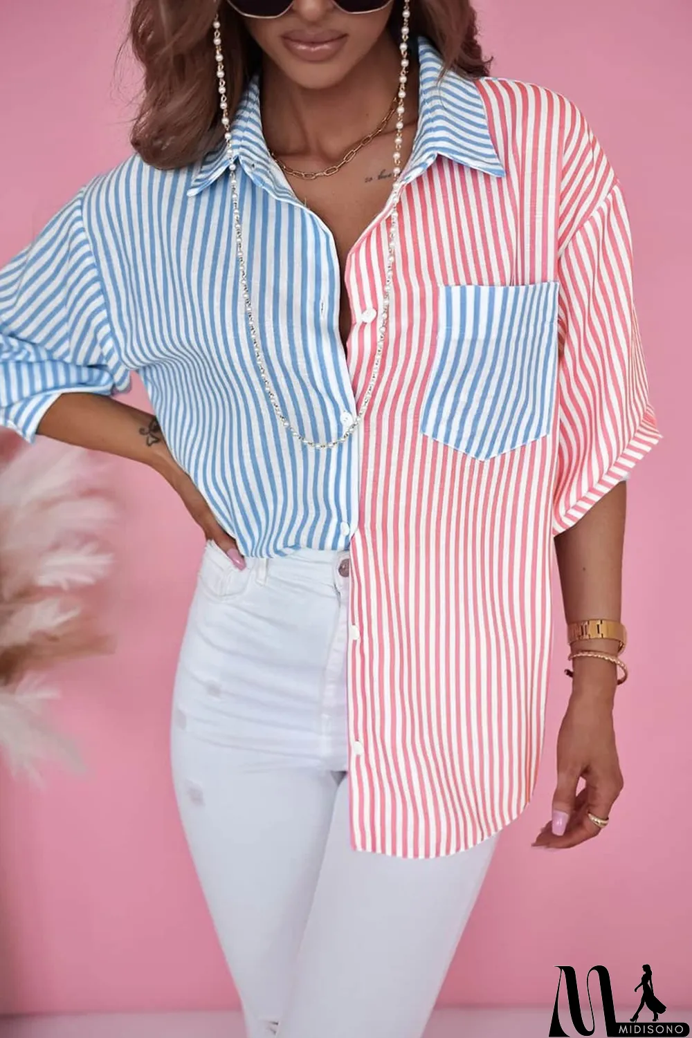 MidiSono - Sky Blue Contrast Striped Print Shirt