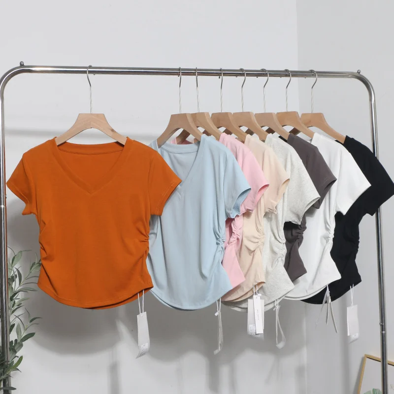 Uveng Recommended For The Summer V-Neck Front Shoulder Short-Sleeved T-Shirt For Girls Slimming Hottie Drawstring Irregular Top 2899