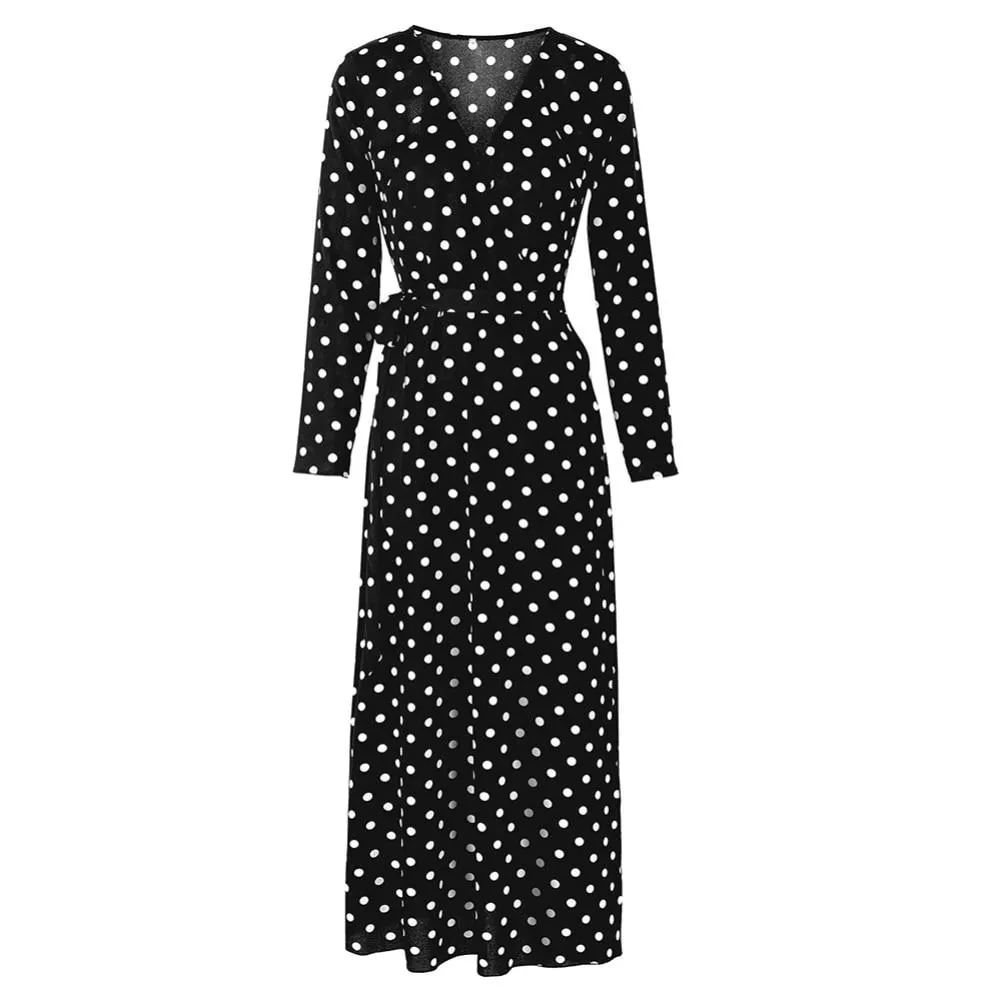 S-3XL Sexy Women Beach Polka Dot Bandage High Split Deep V Long Sleeve Maxi Dress Length Vestido Summer Dresses Party Vestidos