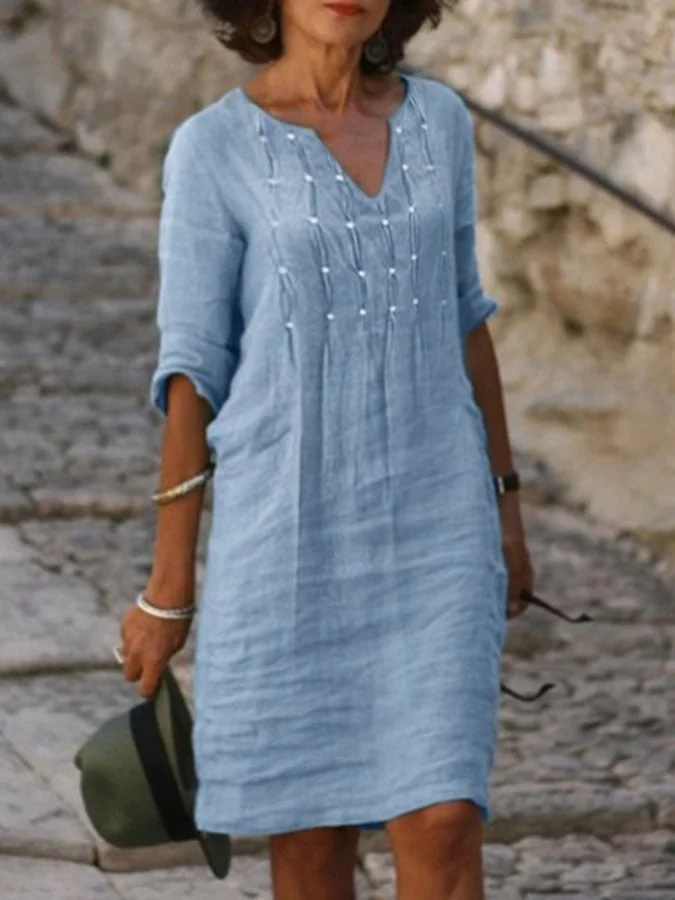 Casual V-Neck Cotton Linen Solid Color Dress