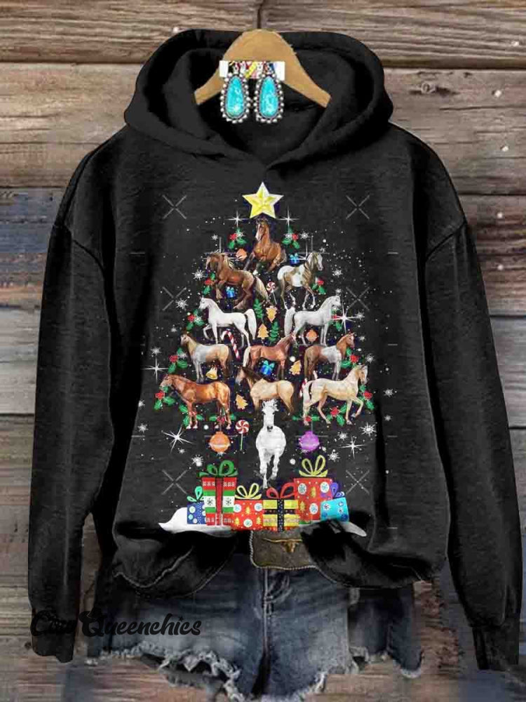 Christmas Horse Print Casual Sweatshirt Black / S