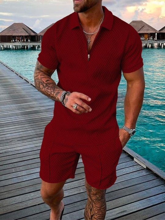 Men's Fashion Wine Red Holiday Floral Print Polo Suit